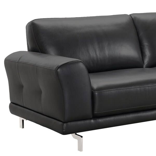 Armen Living Everly Contemporary Sofa in Genuine Black Leather with Brushed Stainless Steel Legs - LCEV3BL