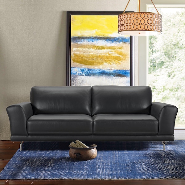 Armen Living Everly Contemporary Sofa in Genuine Black Leather with Brushed Stainless Steel Legs - LCEV3BL