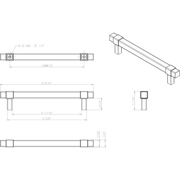 Jeffrey Alexander 128 mm Center-to-Center Brushed Pewter Square Zane Cabinet Pull - 293-128BNBDL