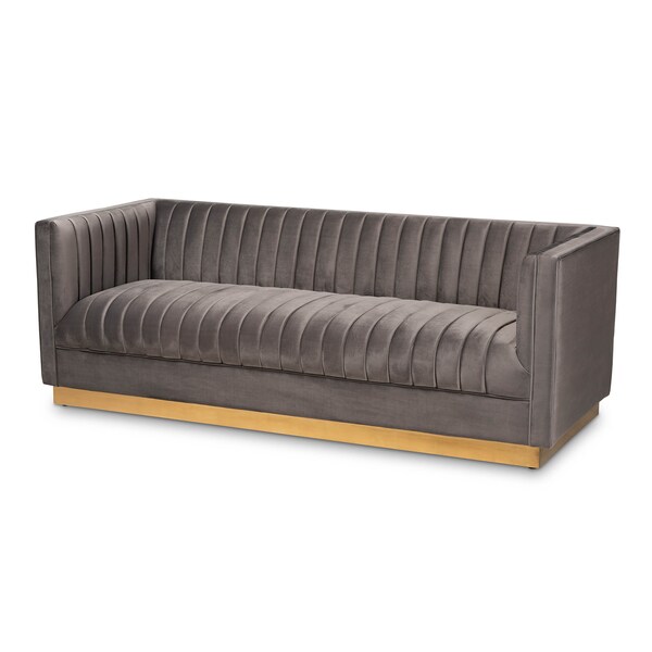 Baxton Studio Aveline Grey Velvet Upholstered Brushed Gold Finished Sofa - 159-9785
