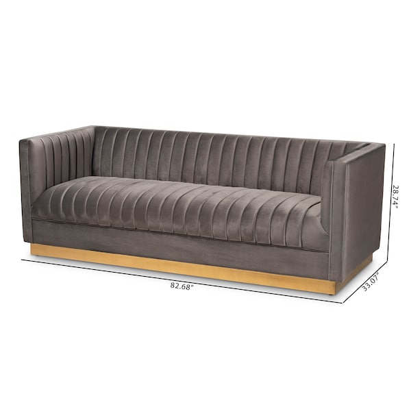 Baxton Studio Aveline Grey Velvet Upholstered Brushed Gold Finished Sofa - 159-9785