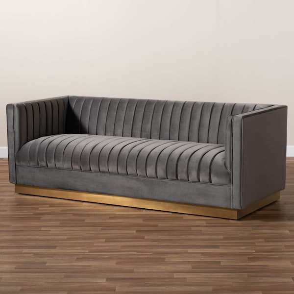 Baxton Studio Aveline Grey Velvet Upholstered Brushed Gold Finished Sofa - 159-9785
