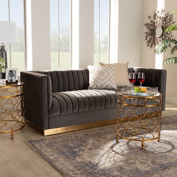 Baxton Studio Aveline Grey Velvet Upholstered Brushed Gold Finished Sofa - 159-9785