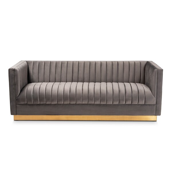 Baxton Studio Aveline Grey Velvet Upholstered Brushed Gold Finished Sofa - 159-9785