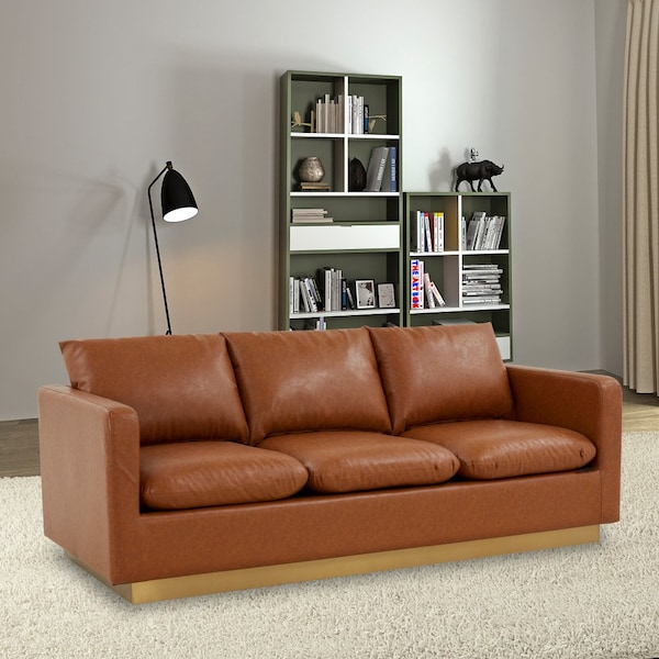 Leisuremod Nervo Upholstered Leather Sofa with Gold Frame, Cognac Tan - NS83BR-L