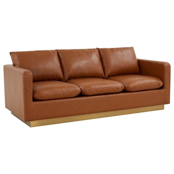 Leisuremod Nervo Upholstered Leather Sofa with Gold Frame, Cognac Tan - NS83BR-L