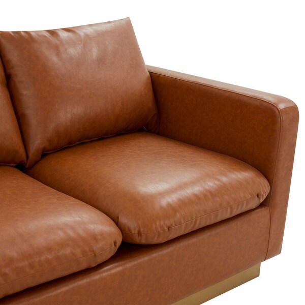 Leisuremod Nervo Upholstered Leather Sofa with Gold Frame, Cognac Tan - NS83BR-L