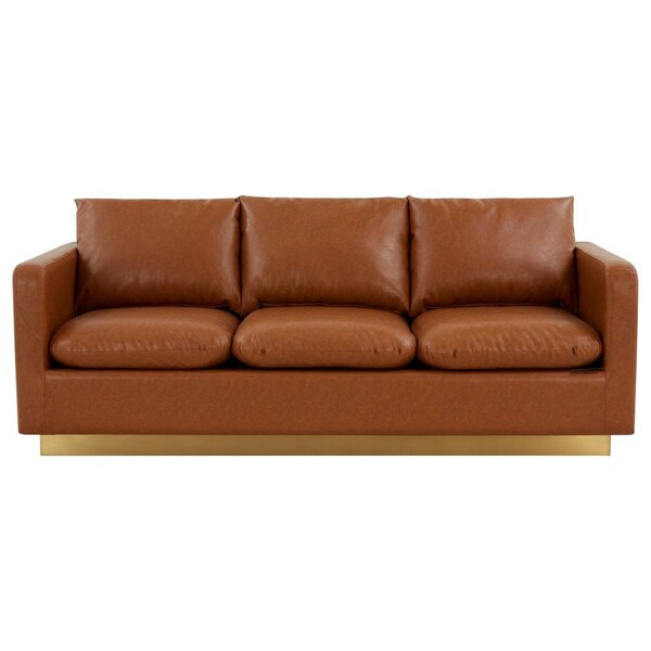 Leisuremod Nervo Upholstered Leather Sofa with Gold Frame, Cognac Tan - NS83BR-L
