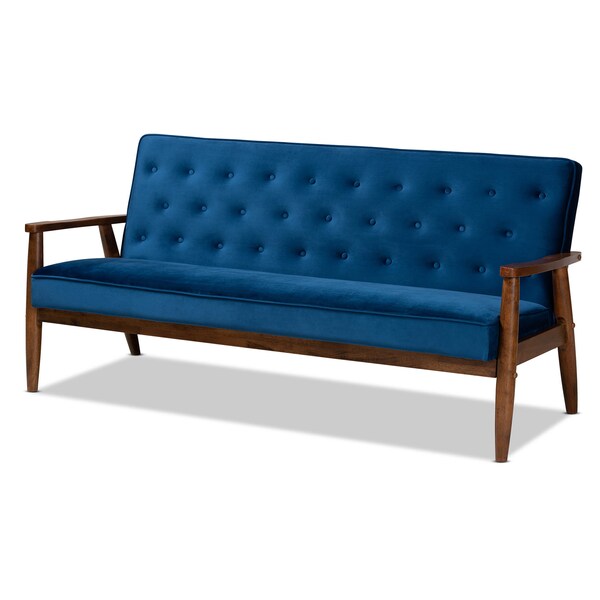 Baxton Studio Sorrento Blue Velvet Upholstered Walnut Finished Wooden 3-seater Sofa - 160-9940