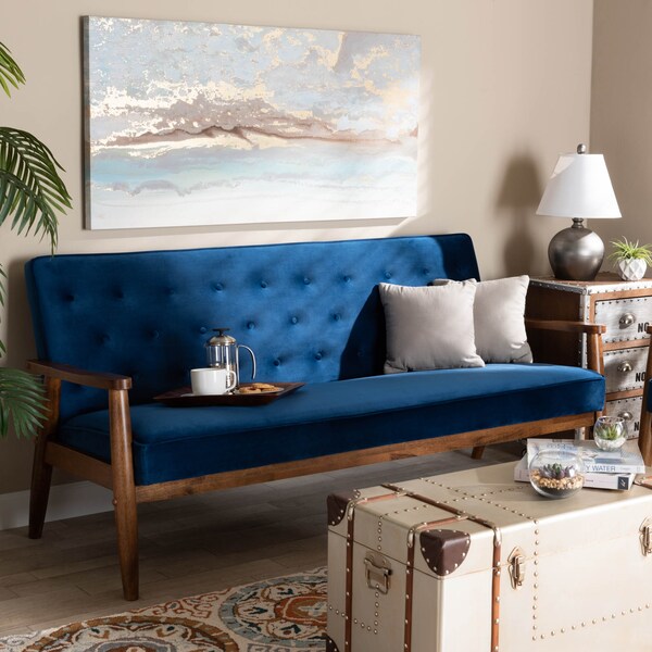 Baxton Studio Sorrento Blue Velvet Upholstered Walnut Finished Wooden 3-seater Sofa - 160-9940