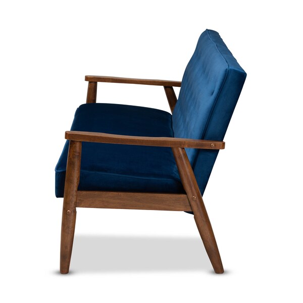 Baxton Studio Sorrento Blue Velvet Upholstered Walnut Finished Wooden 3-seater Sofa - 160-9940