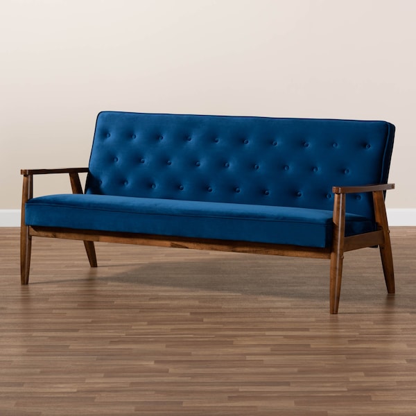 Baxton Studio Sorrento Blue Velvet Upholstered Walnut Finished Wooden 3-seater Sofa - 160-9940