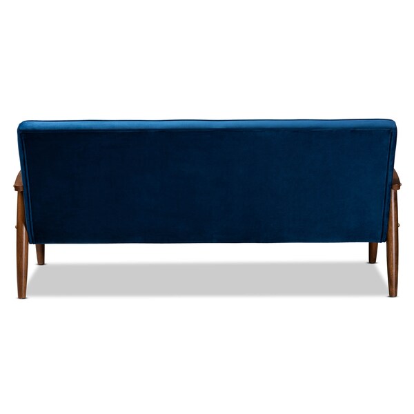 Baxton Studio Sorrento Blue Velvet Upholstered Walnut Finished Wooden 3-seater Sofa - 160-9940