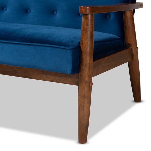 Baxton Studio Sorrento Blue Velvet Upholstered Walnut Finished Wooden 3-seater Sofa - 160-9940