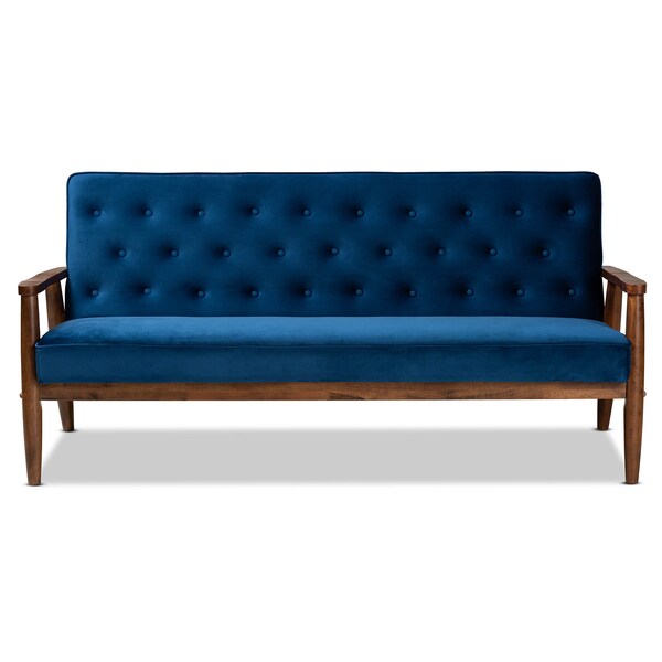Baxton Studio Sorrento Blue Velvet Upholstered Walnut Finished Wooden 3-seater Sofa - 160-9940