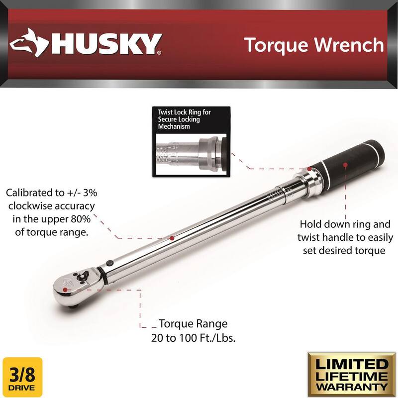 Husky 3/8 in. Drive Torque Wrench 20 ft./lbs. to 100 ft./lbs. - H3DTWA