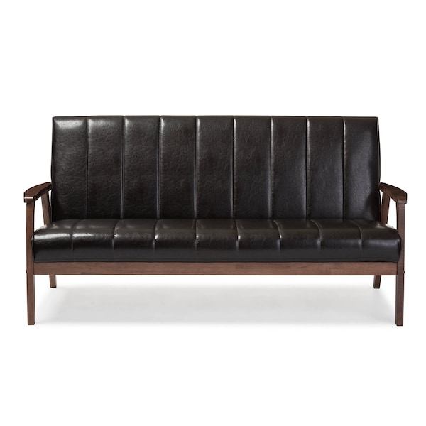 Baxton Studio Nikko Mid-century Dark Brown Faux Leather Wooden 3-Seater Sofa - 121-6749
