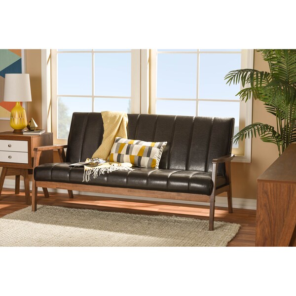 Baxton Studio Nikko Mid-century Dark Brown Faux Leather Wooden 3-Seater Sofa - 121-6749