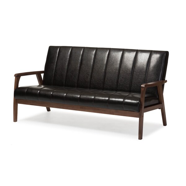 Baxton Studio Nikko Mid-century Dark Brown Faux Leather Wooden 3-Seater Sofa - 121-6749