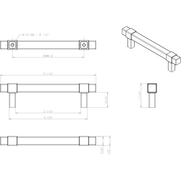 Jeffrey Alexander 96 mm Center-to-Center Polished Nickel Square Zane Cabinet Pull - 293-96NI