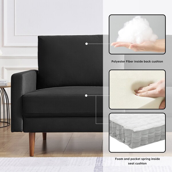 Moootto 69in Upholstered Sofa, Velvet Fabric Loveseat Couch, Solid Wooden Frame with Padded Cushion - TBZOSS2789V-BK3SSS