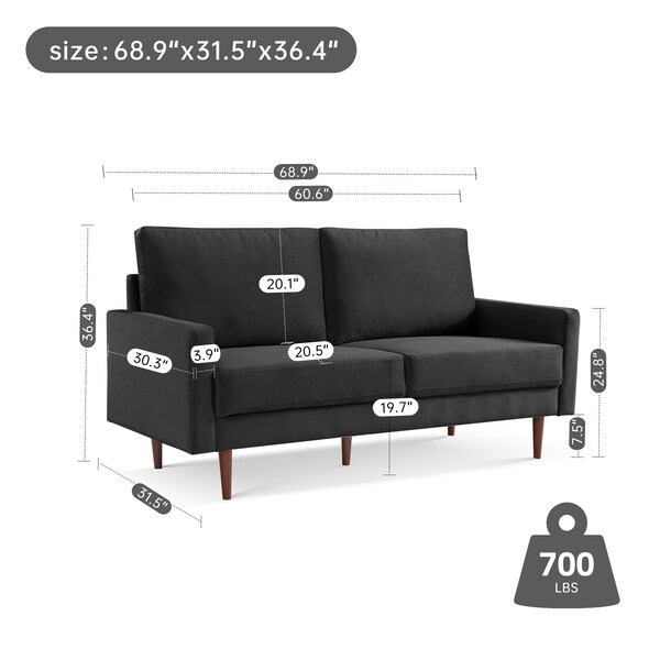 Moootto 69in Upholstered Sofa, Velvet Fabric Loveseat Couch, Solid Wooden Frame with Padded Cushion - TBZOSS2789V-BK3SSS