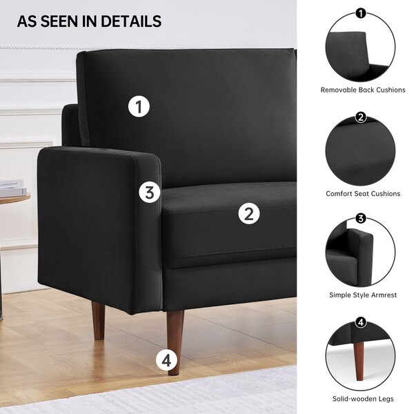 Moootto 69in Upholstered Sofa, Velvet Fabric Loveseat Couch, Solid Wooden Frame with Padded Cushion - TBZOSS2789V-BK3SSS