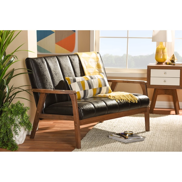 Baxton Studio Nikko Mid-century Dark Brown Faux Leather Wooden 2-Seater Loveseat - 121-6747