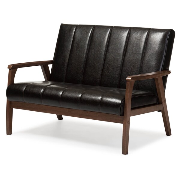 Baxton Studio Nikko Mid-century Dark Brown Faux Leather Wooden 2-Seater Loveseat - 121-6747