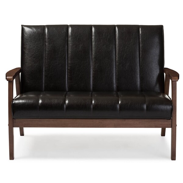 Baxton Studio Nikko Mid-century Dark Brown Faux Leather Wooden 2-Seater Loveseat - 121-6747