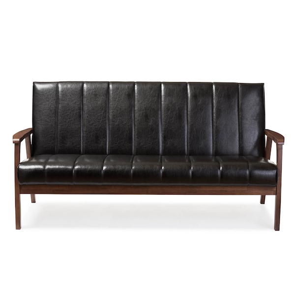 Baxton Studio Nikko Mid-century Black Faux Leather Wooden 3-Seater Sofa - 121-6748