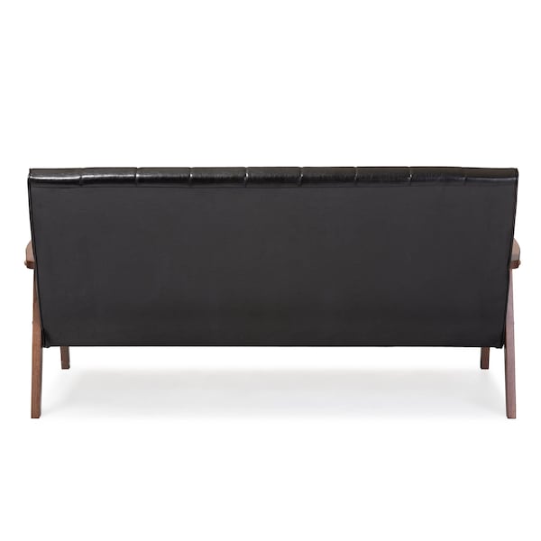 Baxton Studio Nikko Mid-century Black Faux Leather Wooden 3-Seater Sofa - 121-6748