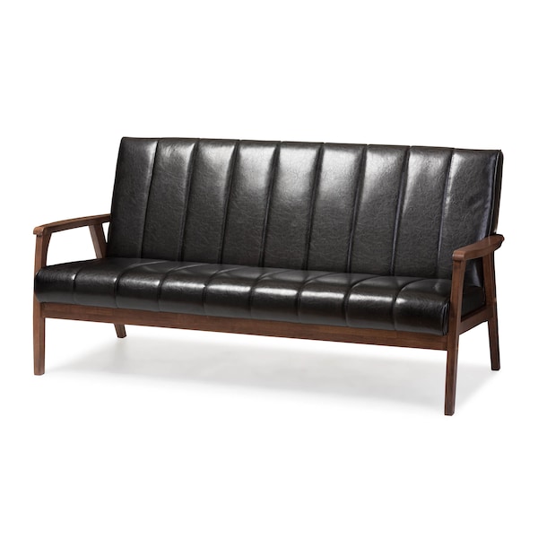 Baxton Studio Nikko Mid-century Black Faux Leather Wooden 3-Seater Sofa - 121-6748