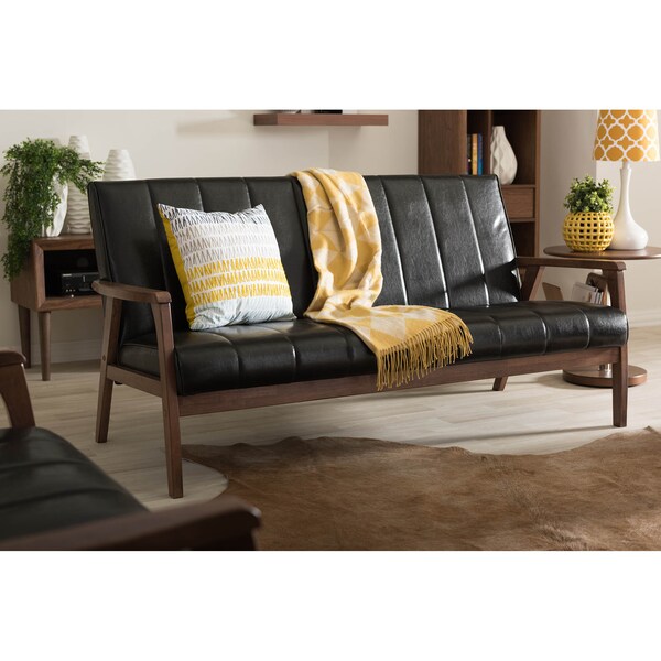 Baxton Studio Nikko Mid-century Black Faux Leather Wooden 3-Seater Sofa - 121-6748