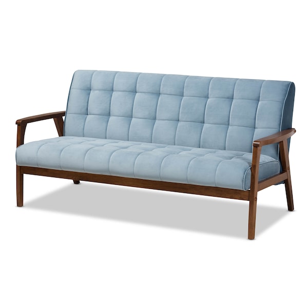 Baxton Studio Asta Mid-Century Blue Velvet Upholstered Walnut Finished Wood Sofa - 160-9944