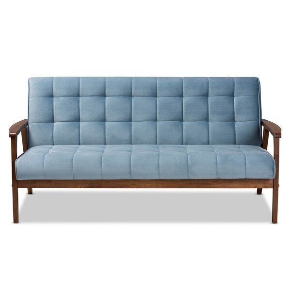 Baxton Studio Asta Mid-Century Blue Velvet Upholstered Walnut Finished Wood Sofa - 160-9944
