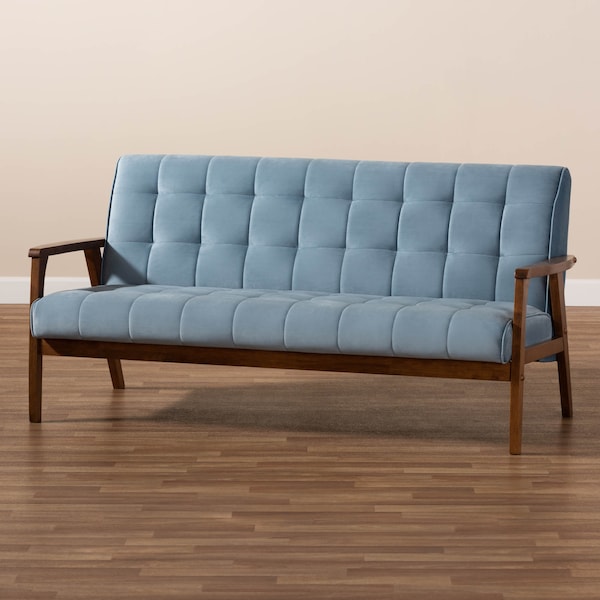 Baxton Studio Asta Mid-Century Blue Velvet Upholstered Walnut Finished Wood Sofa - 160-9944