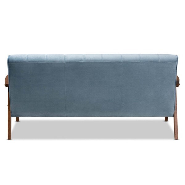 Baxton Studio Asta Mid-Century Blue Velvet Upholstered Walnut Finished Wood Sofa - 160-9944