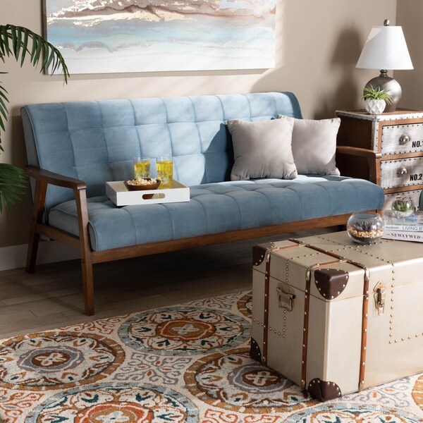 Baxton Studio Asta Mid-Century Blue Velvet Upholstered Walnut Finished Wood Sofa - 160-9944