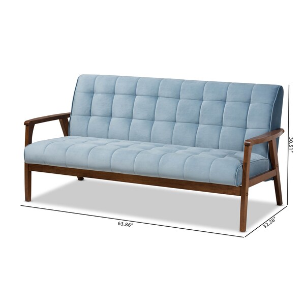 Baxton Studio Asta Mid-Century Blue Velvet Upholstered Walnut Finished Wood Sofa - 160-9944