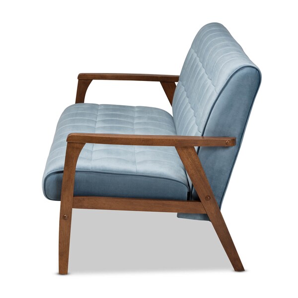 Baxton Studio Asta Mid-Century Blue Velvet Upholstered Walnut Finished Wood Sofa - 160-9944