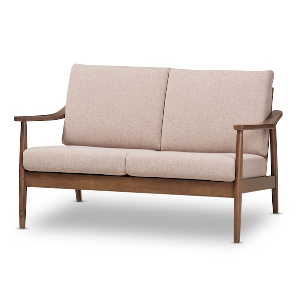 Baxton Studio Venza Walnut Wood Light Brown Upholstered 2-Seater Loveseat - 140-7556