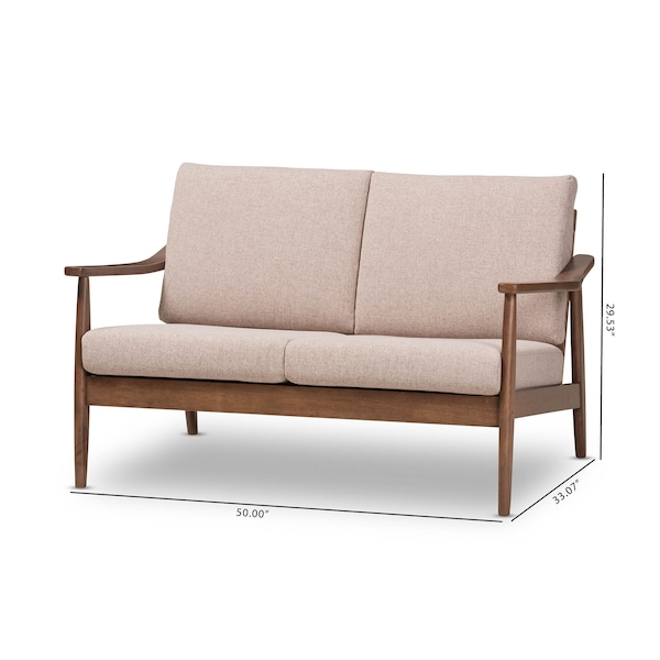 Baxton Studio Venza Walnut Wood Light Brown Upholstered 2-Seater Loveseat - 140-7556