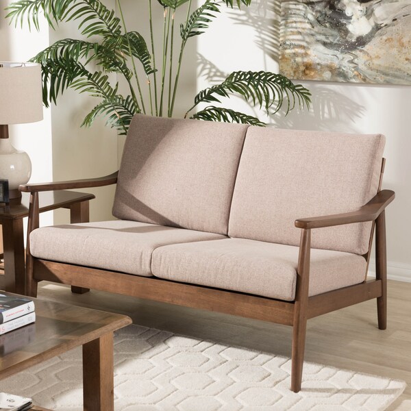 Baxton Studio Venza Walnut Wood Light Brown Upholstered 2-Seater Loveseat - 140-7556