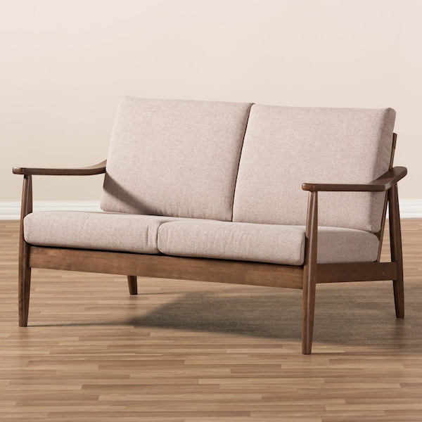 Baxton Studio Venza Walnut Wood Light Brown Upholstered 2-Seater Loveseat - 140-7556