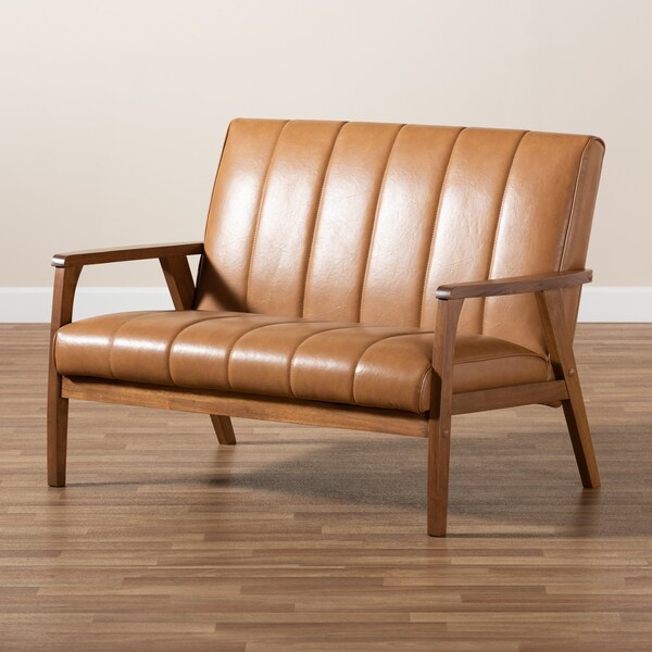 Baxton Studio Nikko Mid-century Modern Tan Faux Leather and Walnut Brown finished Wood Loveseat - 175-10975-ZORO