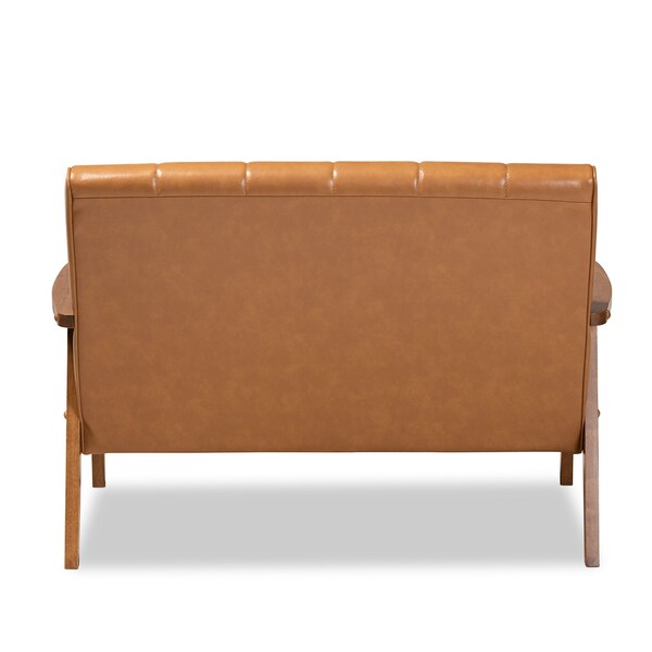 Baxton Studio Nikko Mid-century Modern Tan Faux Leather and Walnut Brown finished Wood Loveseat - 175-10975-ZORO