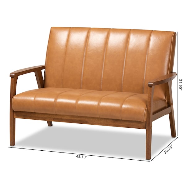 Baxton Studio Nikko Mid-century Modern Tan Faux Leather and Walnut Brown finished Wood Loveseat - 175-10975-ZORO