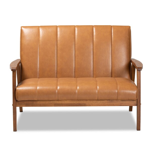 Baxton Studio Nikko Mid-century Modern Tan Faux Leather and Walnut Brown finished Wood Loveseat - 175-10975-ZORO