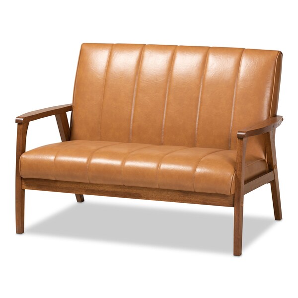Baxton Studio Nikko Mid-century Modern Tan Faux Leather and Walnut Brown finished Wood Loveseat - 175-10975-ZORO